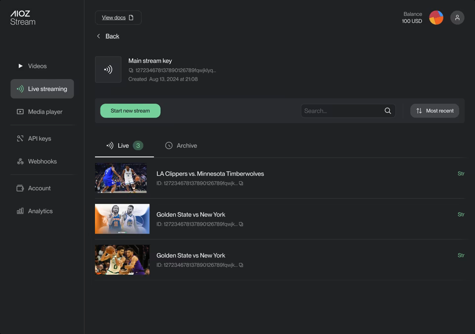 AIOZ Stream live streaming dashboard